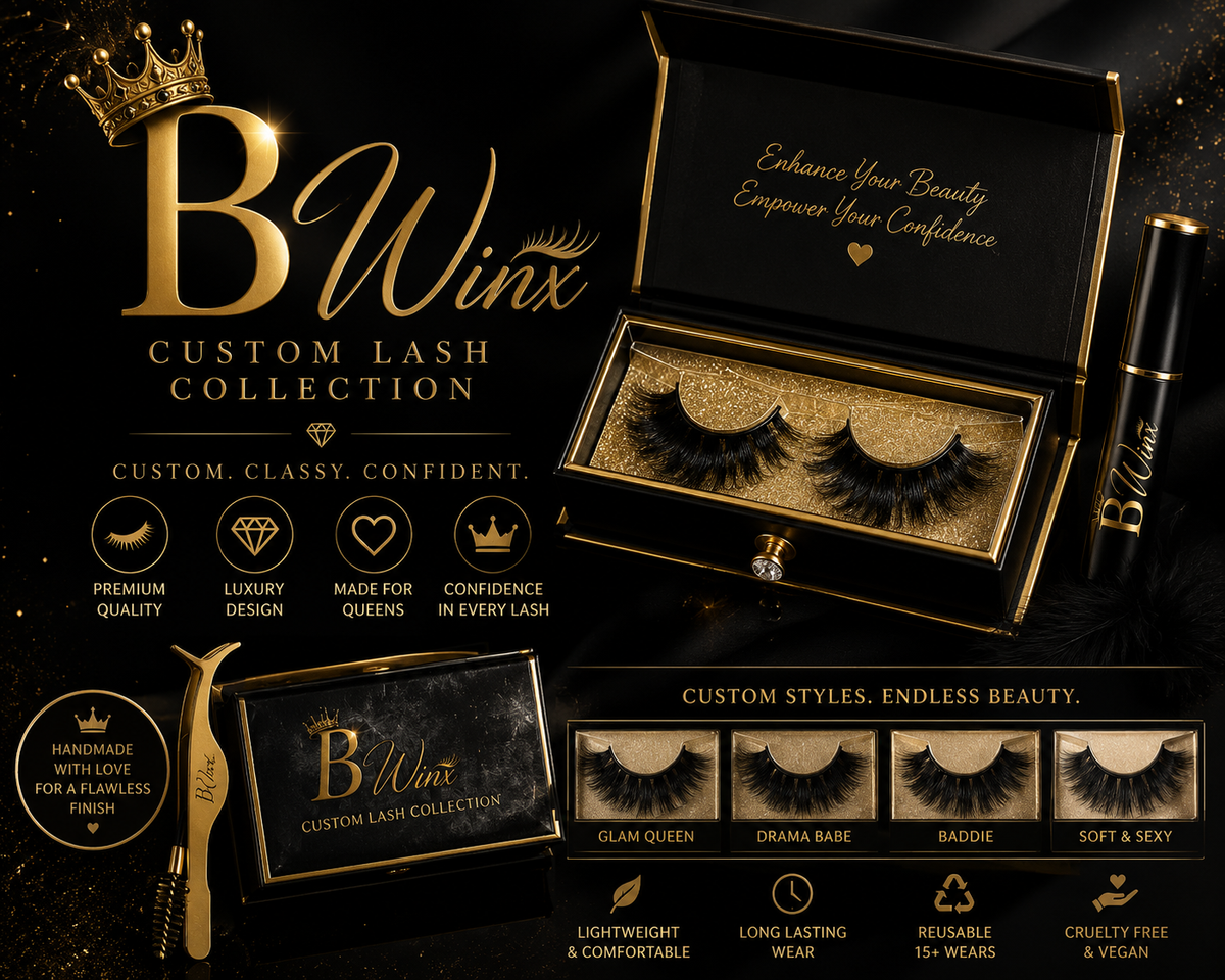 B Winx Custom Lash Collection — luxury handmade lashes in Glam Queen, Drama Babe, Baddie, and Soft & Sexy styles. Lightweight, reusable, cruelty free and vegan.
