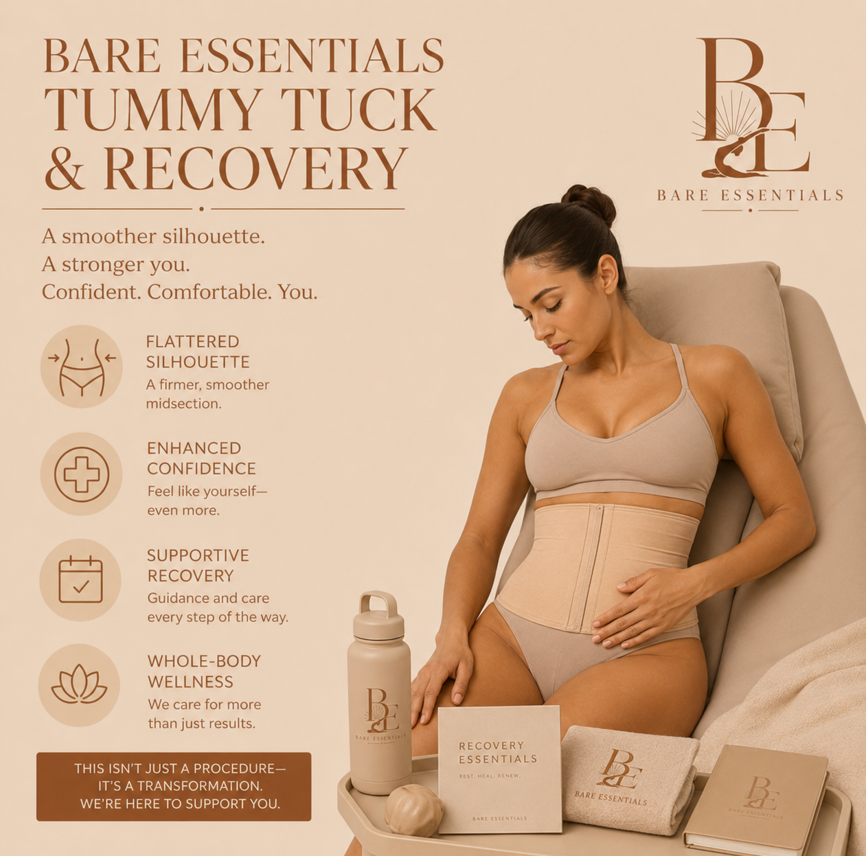 Bare Essentials Tummy Tuck & Recovery — flattered silhouette, enhanced confidence, supportive recovery, and whole-body wellness with recovery essentials kit