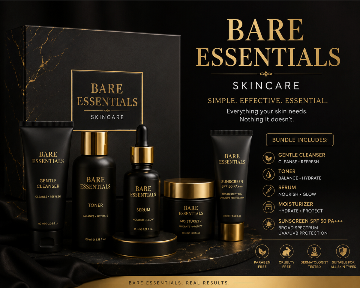 Bare Essentials Skincare bundle — gentle cleanser, toner, serum, moisturizer, and SPF 50 PA+++ sunscreen. Paraben free, cruelty free, dermatologist tested, suitable for all skin types