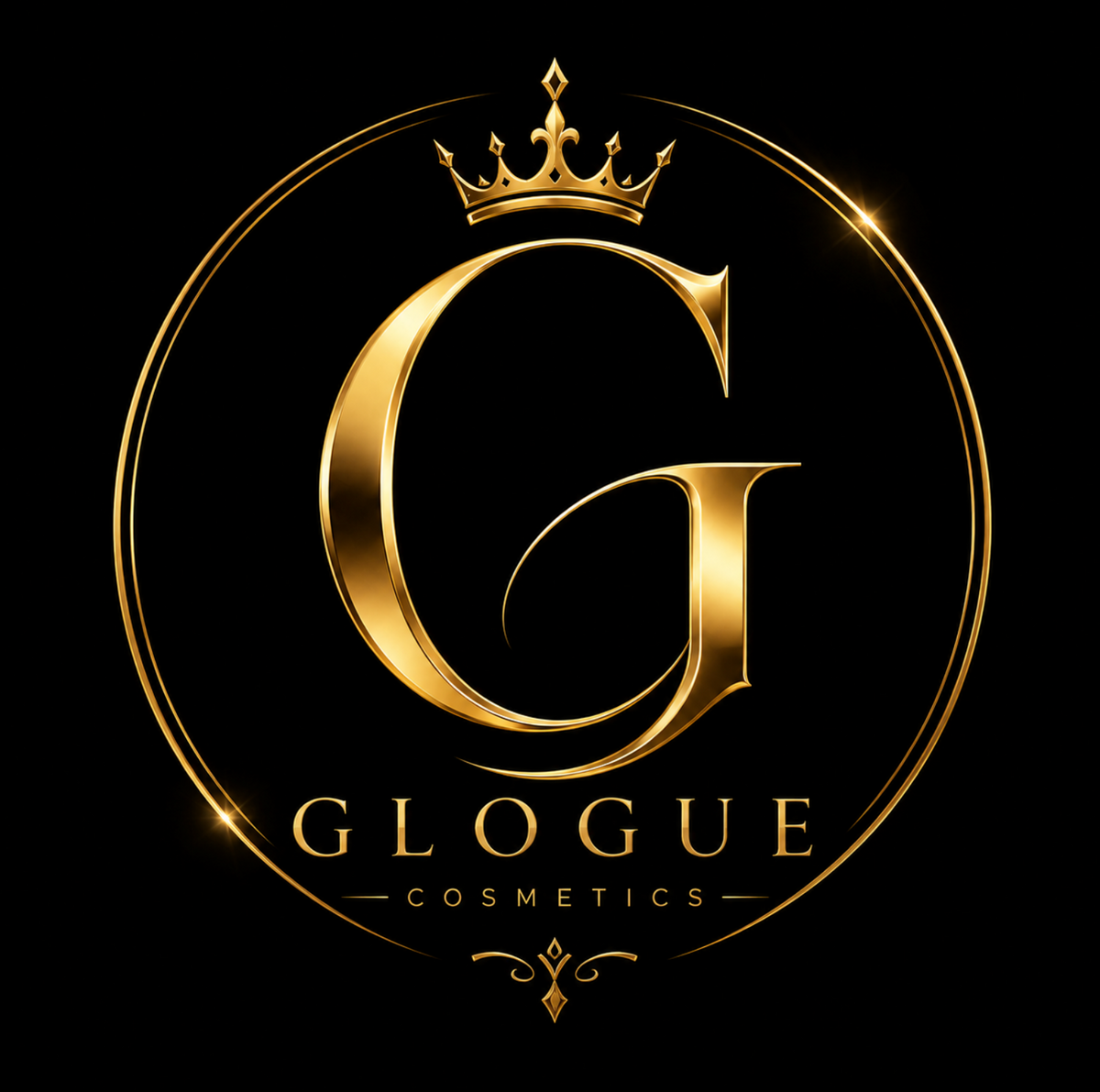 Glogue Cosmetics logo — gold G monogram with crown on black background, luxury cosmetics brand