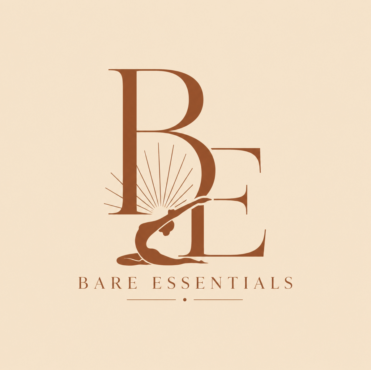 Bare Essentials brand logo — BE monogram with feminine silhouette and sunburst detail on cream background