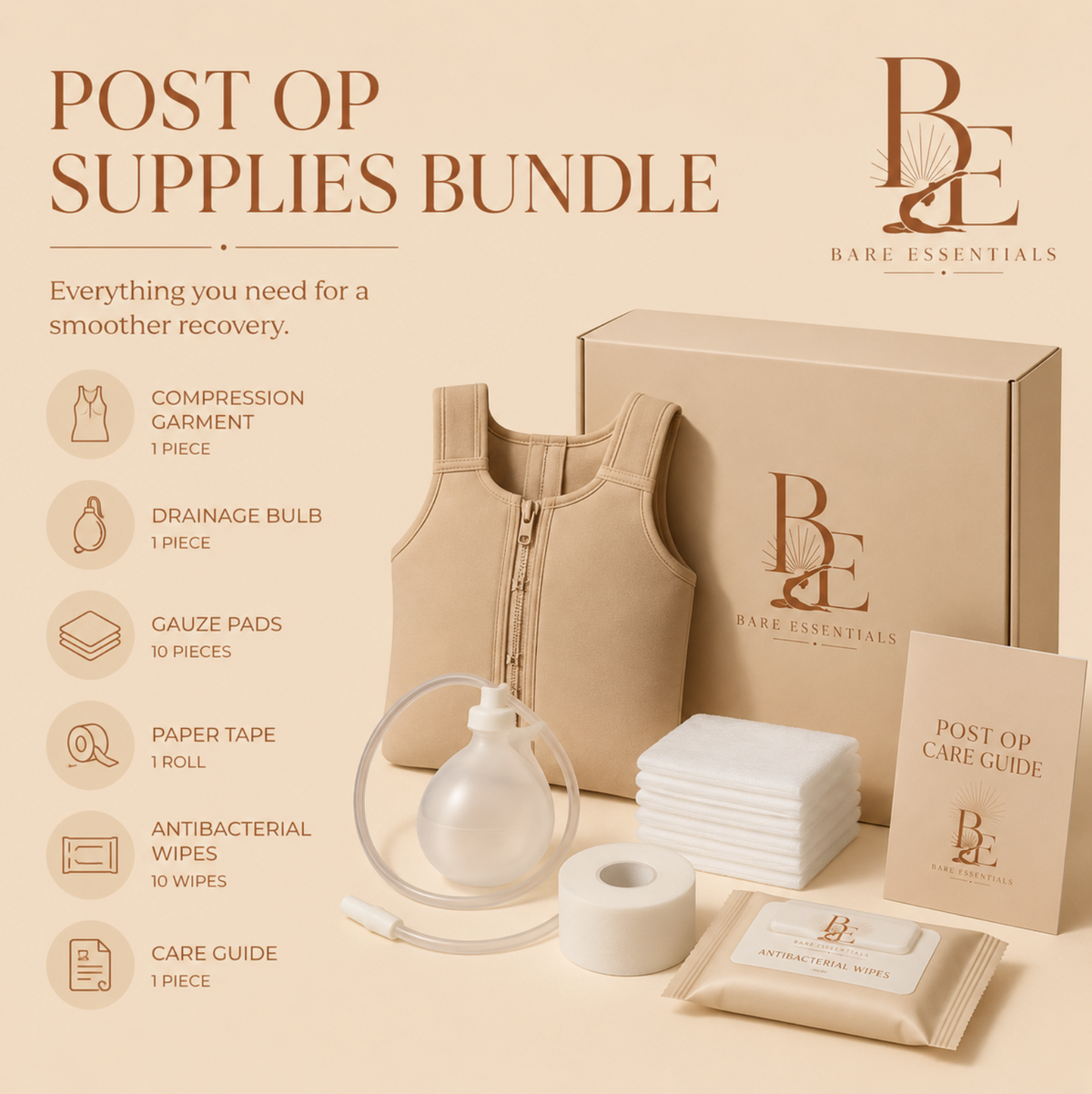 Bare Essentials Post Op Supplies Bundle including compression garment, drainage bulb, gauze pads, paper tape, antibacterial wipes, and post op care guide