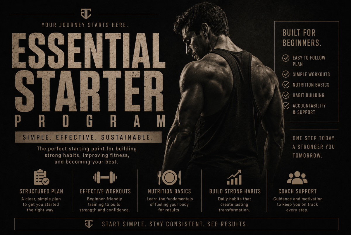 Essential Starter Program — simple, effective, sustainable beginner fitness plan with structured workouts, nutrition basics, habit building, and coach support
