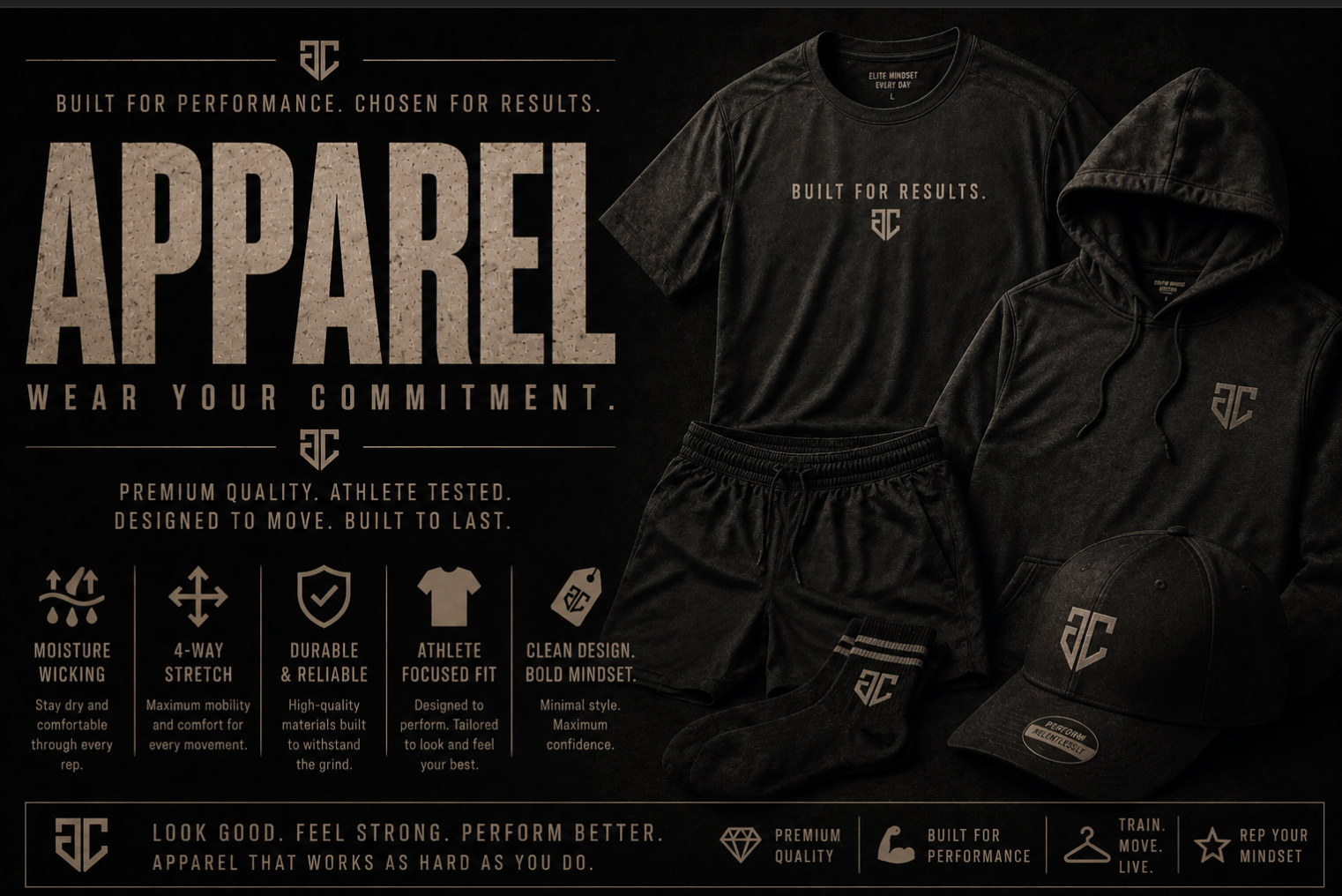 Performance apparel collection — moisture wicking, 4-way stretch, durable athletic wear including t-shirt, shorts, hoodie, and cap. Built for performance, chosen for results.