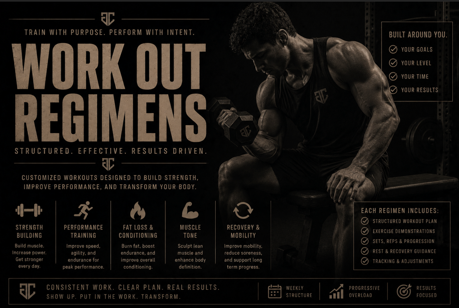 Work Out Regimens — structured, effective, results-driven customized workout plans for strength building, performance training, fat loss, muscle tone, and recovery