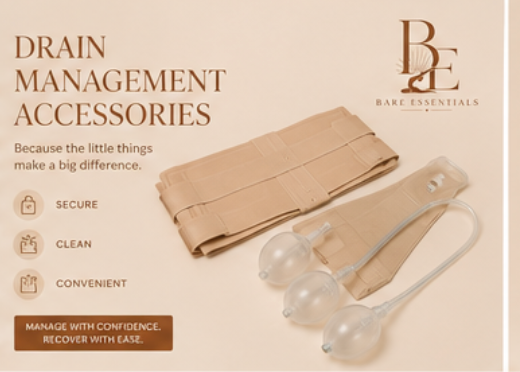 Bare Essentials Drain Management Accessories — secure, clean, convenient. Because the little things make a big difference. Manage with confidence, recover with ease.